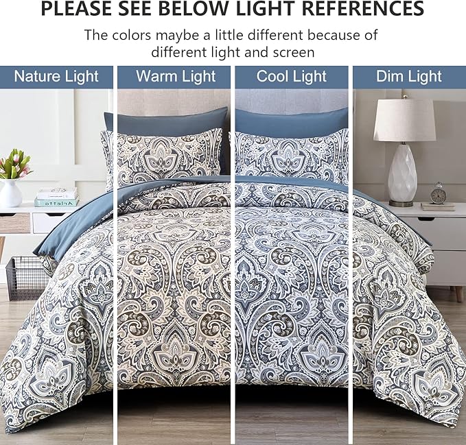 Drucon Blue Paisley Comforter Set King,7 Pieces Bed in a Bag Comforter Boho Paisley Pattern Bedding Set Soft Microfiber(1 Comforter,1 Flat Sheet, 1 Fitted Sheet,2 Pillowcases, 2 Pillow Shams)