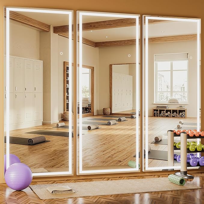 Full Length Mirror with Lights, 95" x 40" Large LED Lighted Floor Standing Body Mirror, Dimmable & 3 Color Lighting for Home Gym, Cloakroom, Living Room, Leaning & Hanging, Square Black