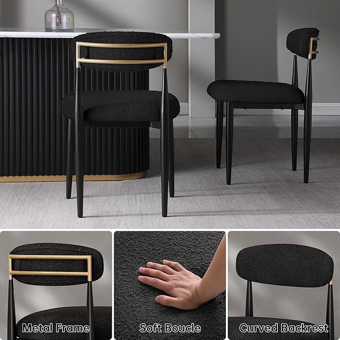 Morden Fort Black Dining Chairs Set of 4, Boucle Upholstered Chairs with Curved Backrest and Metal Frame for Dining Room, Kitchen, Apartment