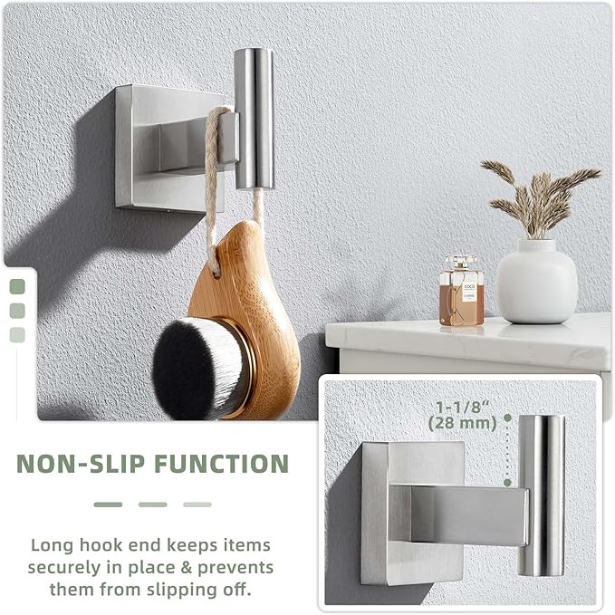 Suyar Bathroom Towel Hook Brushed Nickel, SUS304 Stainless Steel Robe Coat Holder for Shower Kitchen Closet Garage, Modern Heavy Duty Clothes Hook Wall Mounted