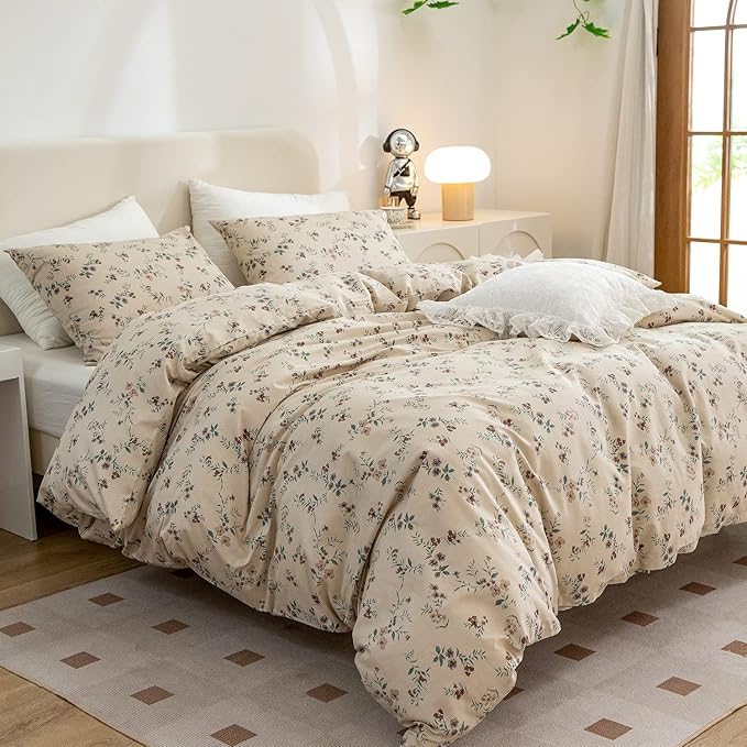 Floral Comforter Queen Set 3 Pieces Soft Cute Vintage Floral Bedding Lightweight Garden Style Botanical Comforter Set for All Seasons 1 Comforter and 2 Pillowcases