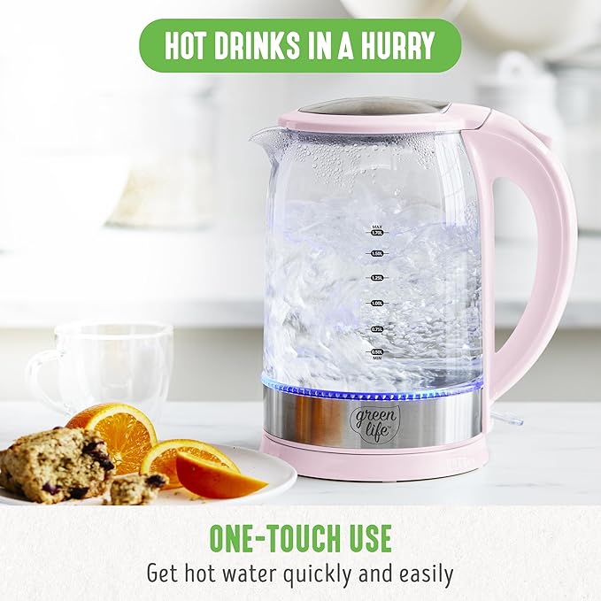 GreenLife 1.7 Liter Glass Electric Kettle, Easy One Touch Use, Quick Heating, Filtered Spout, LED Base, Auto Shut-Off, Cordless Serving, Coffee and Tea, Pink