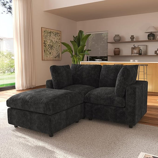 JACH 67" Love Seat Sectional Couches with Chaise Ottoman, Modern Convertible Modular Sofa, Cloud Sectional Couch, Sofa Covers Washable, Minimalist Couch for Living Room, Bedroom, Apartment, Black
