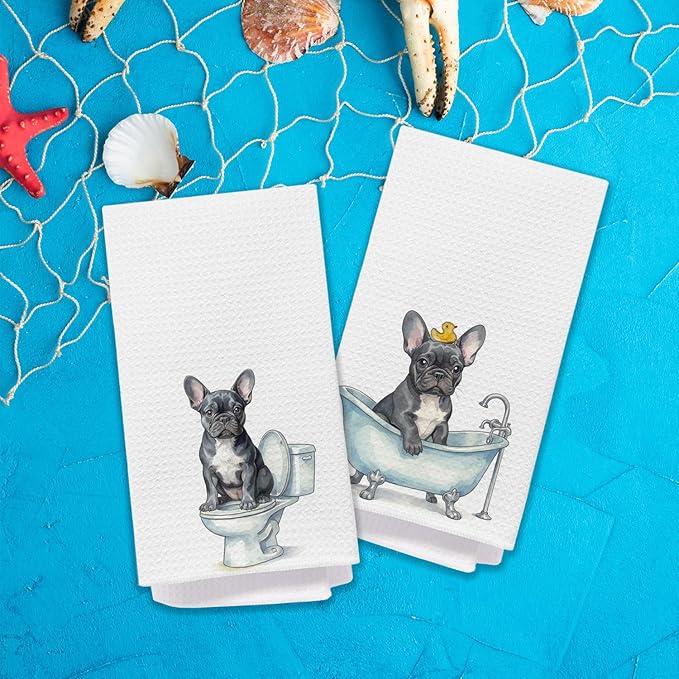 French Bulldog Bathroom Hand Towels, French Bulldog Lover Gifts for Women, Funny Frenchie Dog Decorative Hand Towels for Kids Bathroom Washroom, Frenchie Mom Gifts, 16x24 Inch Set of 2