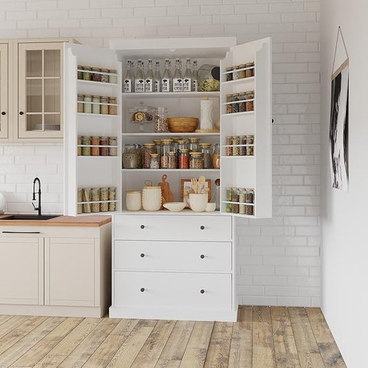 Merax 77" Tall Kitchen Storage Cabinet Pantry Farmhouse Freestanding Large Cupboardwith 3 Drawers,3 Adjustable Shelves,8 Door-Shelf for Dining Room,White