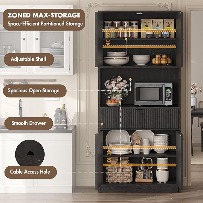 IDEALHOUSE Tall Storage Cabinet, 70" Kitchen Pantry Cabinet with Doors, Fluted Kitchen Hutch Cupboard with Microwave Shelf & Drawer, Freestanding Cupboard for Dining Room, Living Room, Black
