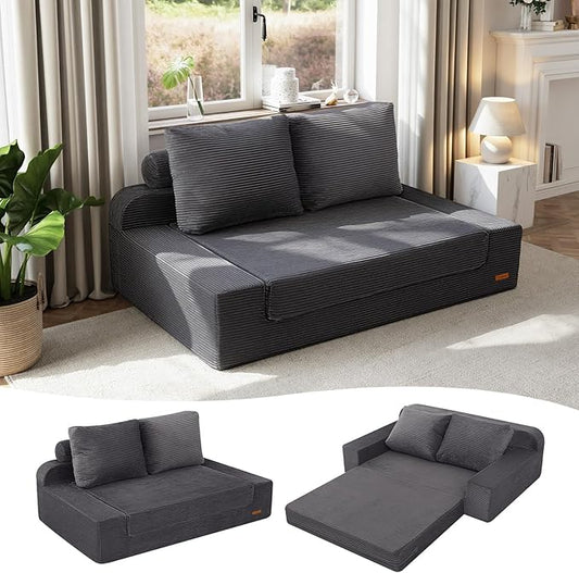 COMAX Convertible Sofa Bed Queen, Folding Floor Couch Corduroy Fold Out Couch Bed Sleeper Mattress with Back Pillows, Boneless Pull Out Loveseat Comfy Futon Lounge for Living Room Bedroom, Grey