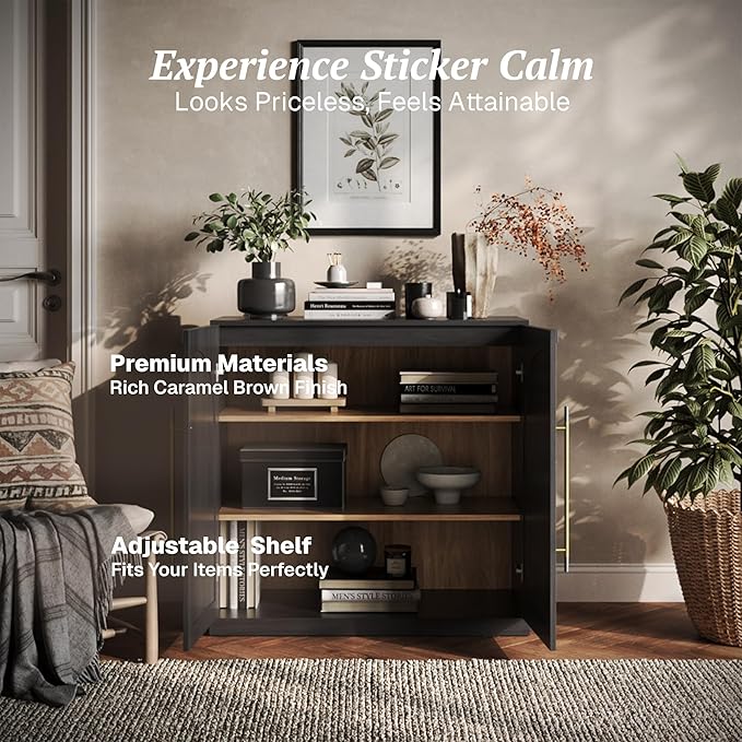 BELLEZE Modular Sideboard with Double-Arc Wood Doors, Small Arched Buffet Cabinet with Storage and Adjustable Shelves, Classic Modern Credenza for Dining Room, Living Room, or Entryway (Ebony)