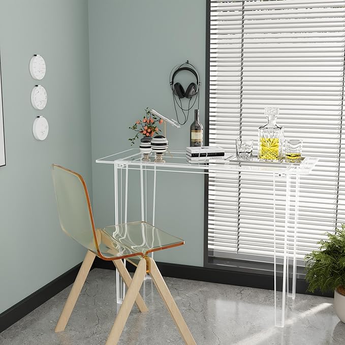 Acrylic Desk - Modern Study Table for Home Office, Extended Surface Multi-Purpose Console & Entryway Table, Sturdy Lightweight Design, Transparent Workstation for Small Spaces（Transparent-L）