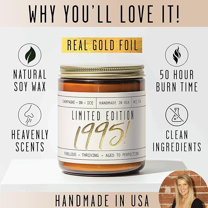 30th Birthday Gifts for Women - 'Limited Edition 1995' Soy Candle, w/Champagne on Ice I 1995 30th Birthday Gifts for Her I 9oz Reusable Jar, 50Hr Burn, Made in USA
