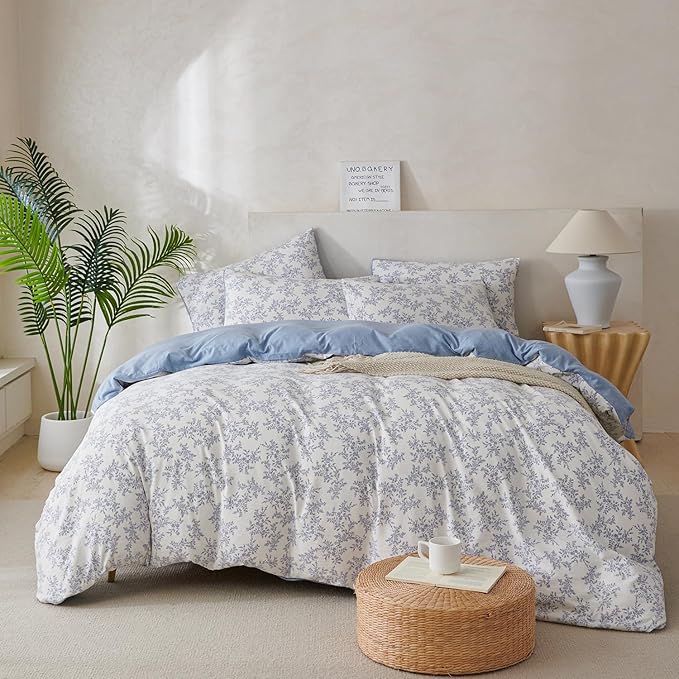 Comforter Set King Floral Soft Cute Bedding Sets Garden Style Blue Flower Print Botanical Floral Comforter for All Seasons and 1 Pillowcases