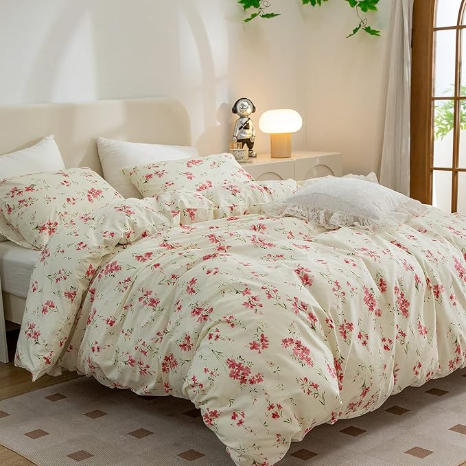 Floral Comforter Set Queen Soft Bedding Comforter Set 3 Pieces Garden Style Red Flower Print Botanical Flowers Comforter Set for All Seasons 1 Comforter and 2 Pillowcases (Floral, Queen)