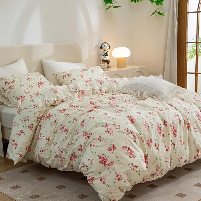 Comforter Set King Floral Soft Bedding Comforter 3 Pieces Lightweight Garden Style Red Flower Print Botanical Flowers Comforter Set 1 Comforter and 2 Pillowcases (Floral, King)