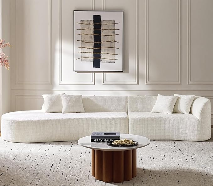141.75" Oversized Boneless Sectional Sofa with 4 Pillows, Modern Curved Design All-Foam Cushion, No Assembly Required Large Floor Cloud Couch for Living Room, Ivory