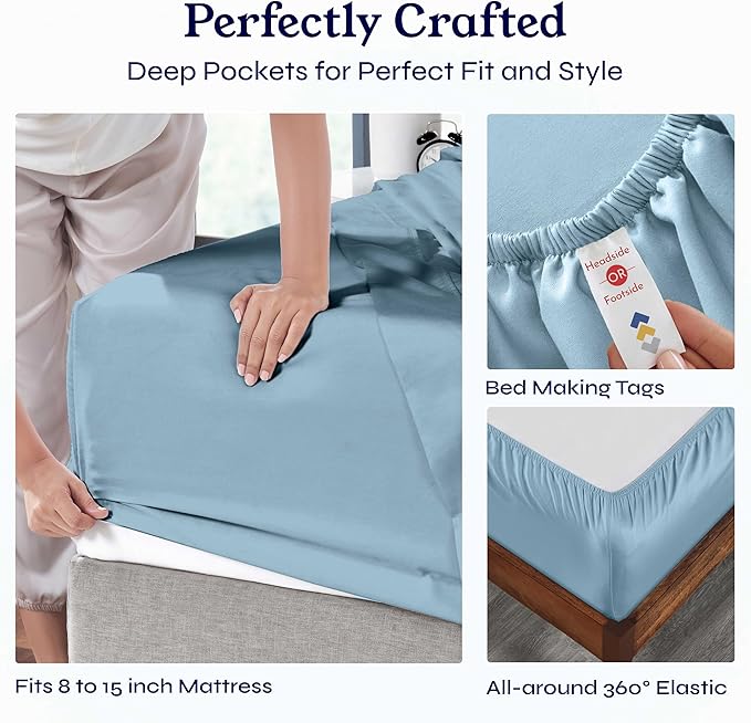 California Design Den Twin XL Sheet Sets - Soft 400 Thread Count Sateen, Natural 100% Cotton Sheets Set with Deep Pockets, Cooling and Durable Bedding - Sky Blue