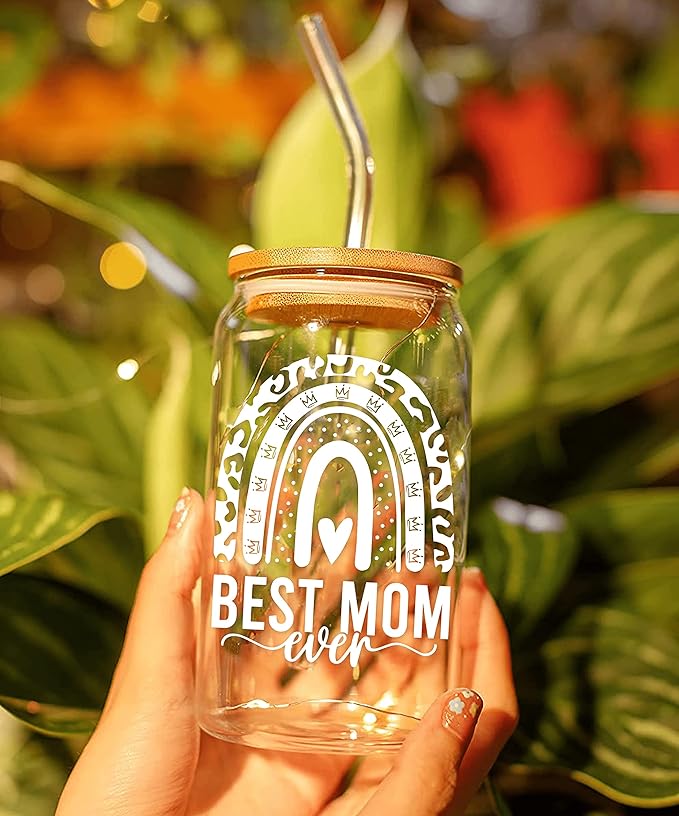 HEXMOZ Gifts for Mom from Daughter, Son, Kids - First Christmas Moms Gift for New Moms, Wife, Mama from Husband - Christmas Mom Gifts for Wife, Her - 16oz Glass Drinking Cup with Straw Gift Box