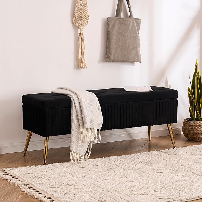 Velvet Storage Bench for Bedroom, Rectangle Upholstered End of Bed Bench Modern Tufted Ottoman with Gold Legs for Living Room/Window/Entryway (Black-45.5" W)