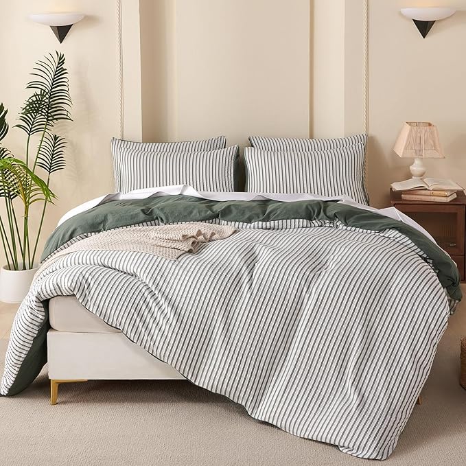 Green Comforter Set Queen Size Soft Luxury Washed Microfiber Jacquard 3 Pieces Bedding Set, White Green Vertical Ticking Stripes Pattern Comforter with 2 Pillowcases Breathable Durable Comfy