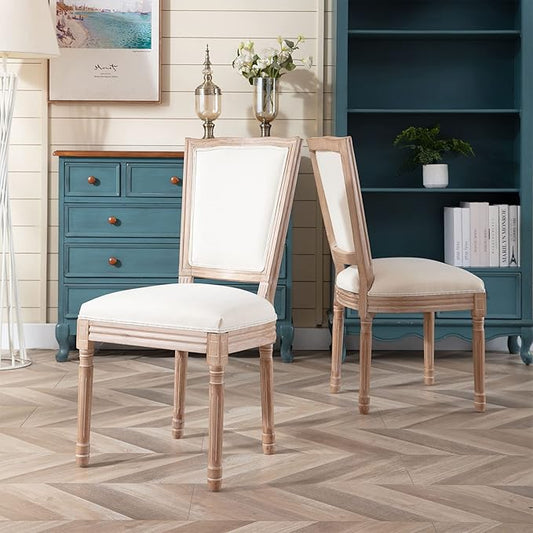 Nrizc Farmhouse Dining Room Chairs Set of 2, French Dining Chairs with Square Back, Brown Wood Legs, French Bistro Chairs for Dining Room/Living Room/Kitchen/Restaurant, Beige