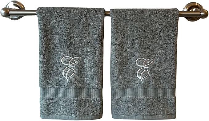 Gray Monogrammed Hand Towels for Bathroom - Luxury Hotel Quality Personalized Initial Embroidered Towel for Powder Room, Spa - GOTS Organic Certified - Set of 2 Silver Letter E