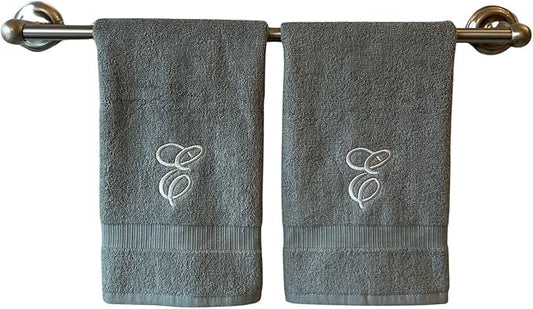 Gray Monogrammed Hand Towels for Bathroom - Luxury Hotel Quality Personalized Initial Embroidered Towel for Powder Room, Spa - GOTS Organic Certified - Set of 2 Silver Letter E