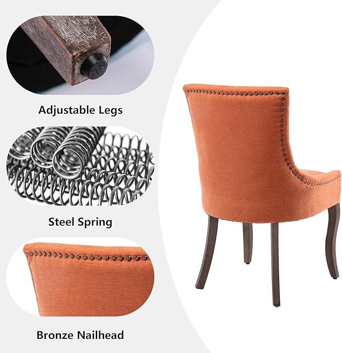 Farmhouse Dining Chairs Set of 2, Upholstered Fabric Dining Room Accent Chairs with Wood Legs & Bronze Nailhead, High Wingback Kitchen Chairs for Living Room Hotel Apartment, Orange
