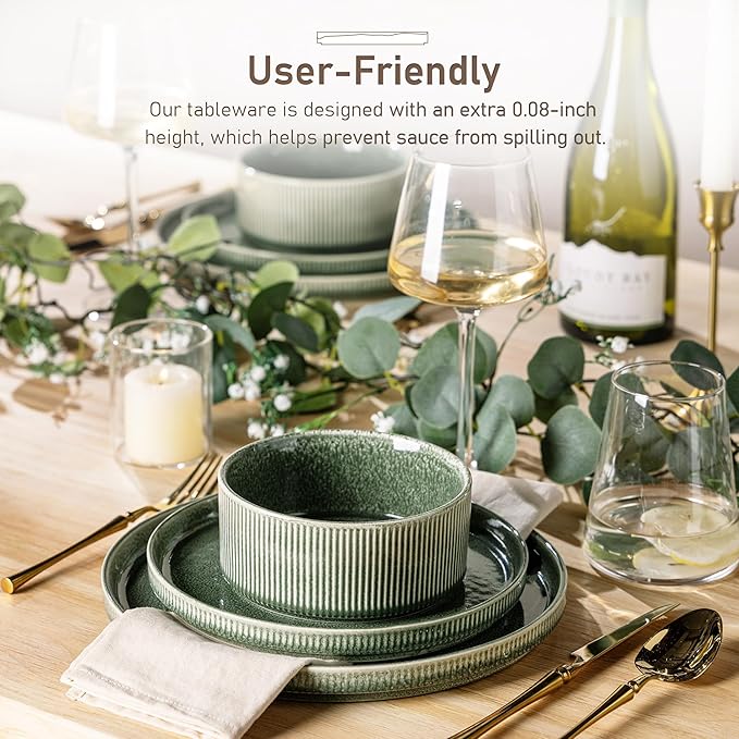 GBHOME Stoneware Dinnerware Sets for 4,Round Reactive Glaze Ceramic Plates and Bowls Set,Highly Scratch Resistant| Dishwasher & Microwave Safe Dishes Set,Service for 4(12Pcs),Dark Green
