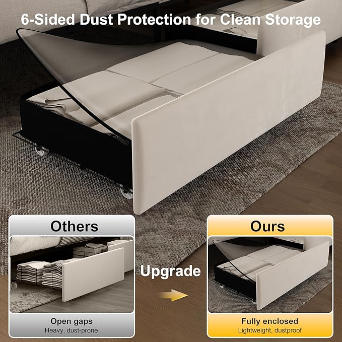 Full led Bed Frame, Bed with Storage Drawers, No Box Spring Needed, 900 lbs Capacity, Easy Assembly, Velvet Cream