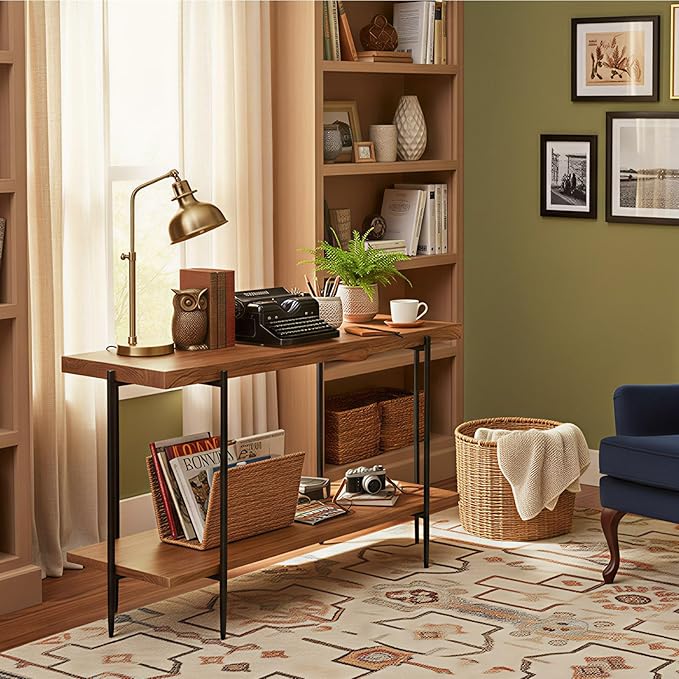 31.5” Console Table Narrow for Entryway with 2 Tier Storage Shelves, Solid Wood Industrial Entrance Sofa Table Behind Couch for Hallway, Foyer, Living Room(47.2"x11.8"x31.5")