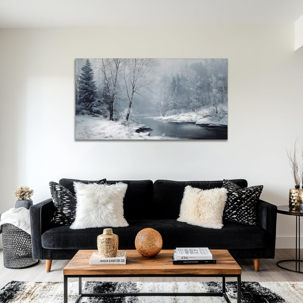 TEPAKIHI Winter Landscape Canvas Wall Art for Living Room Bedroom, Snowy Nature River Forest Picture, Winter Scene Painting Home Decor (16x32 inches)
