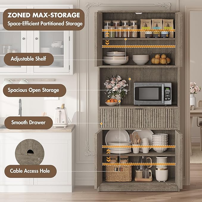 Garvee Tall Kitchen Pantry Cabinet, 70" Pantry Storage Cabinet with Countertop, Fluted Kitchen Hutch Cabinets with Doors and Drawer, Freestanding Cupboard for Dining Room, Living Room, Gray