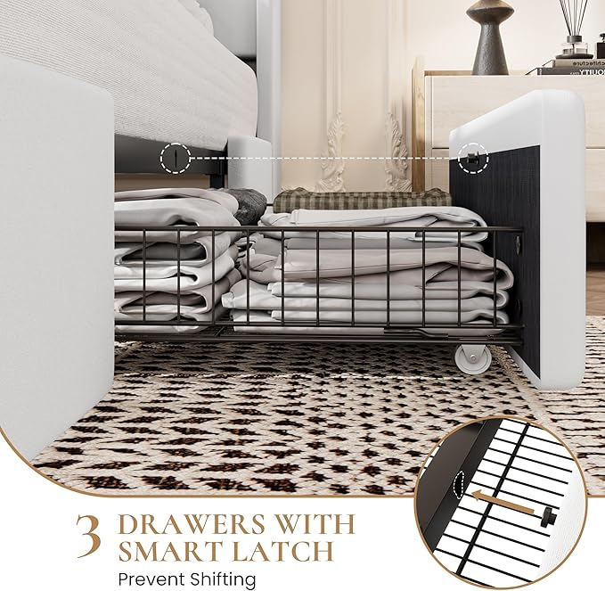 SHA CERLIN King Size Bed Frame with 3 Drawers, USB & Type-C Charging Ports, Velvet Upholstered Platform Bed with Modern Geometric Wingback Storage Headboard, No Box Spring Needed, Easy Assembly, White