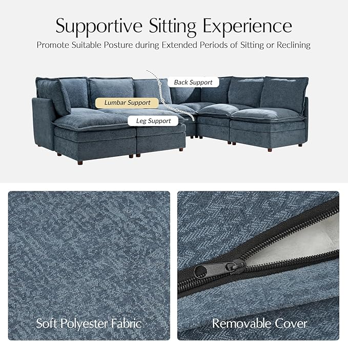 HULALA HOME 128'' Oversized Modular Sectional Sofa with Dual-Layered Cushions, U Shaped 6 Seater Couch with Storage Ottoman and Removable Cover, Modern Deep Seat Cloud Couch for Living Room, Blue