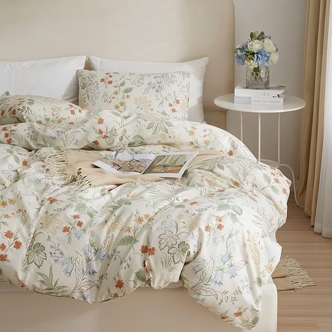 EAVD Chic Fresh Floral King Comforter Set White Soft Microfiber Garden Leaves Floral Bedding Comforter Set with 2 Pillowcases Reversible Botanical Cottagecore Comforter Set