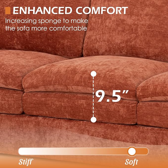89” Chenille Sofa w/Arm Pillows, Upholstered 3-Seater Sofa w/Comfortable Back Cushions, Modern 3 Seats Couch w/High-Density Foam for Living Room, Apartment, Office, Orange