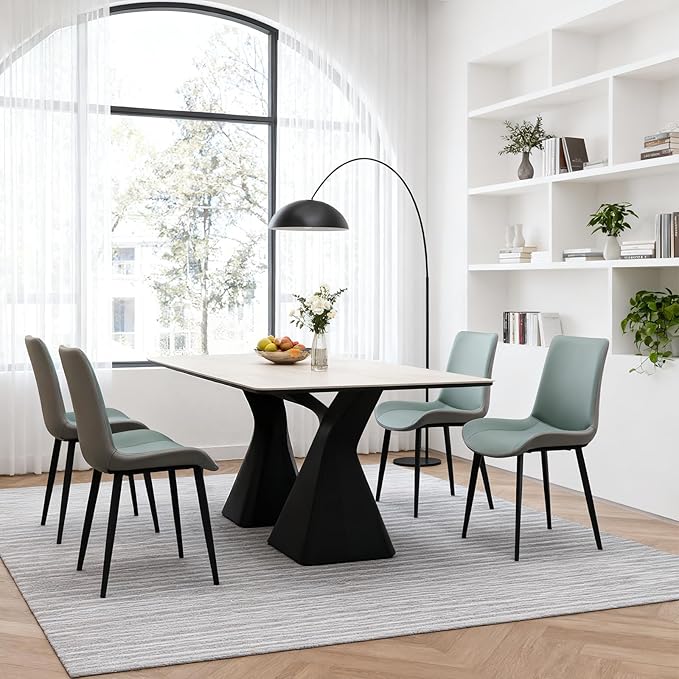 Dining Chairs, Modern PU Leather Dining Room Chair with Sturdy Metal Legs, Upholstered Seat Dinner Chairs Accent Side Chairs for Indoor Kitchen Living Room (Green & Dark Grey, Set of 8)