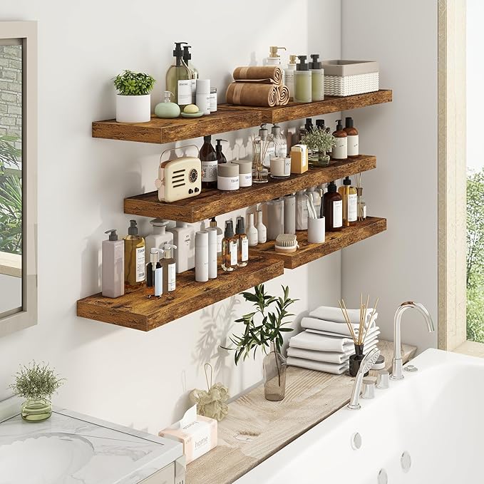 Fun Memories 48Inch Floating Shelves, 9.3Inch Deep Rustic Wall Shelves - Extra Deeper & Thicker Wall Mounted Storage Shelf for Kitchen, Farmhouse - Set of 2 - Rustic Brown