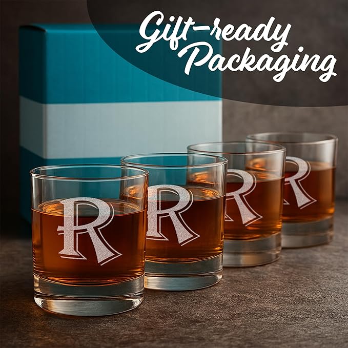 On The Rox Drinks (R-Monogram)- 4 Piece Set of 11 Ounce Engraved Heavy Base Rocks Glasses Elegant Glass-Multi-Purpose Beverage-Rocks Glass- Gift for any Occasion