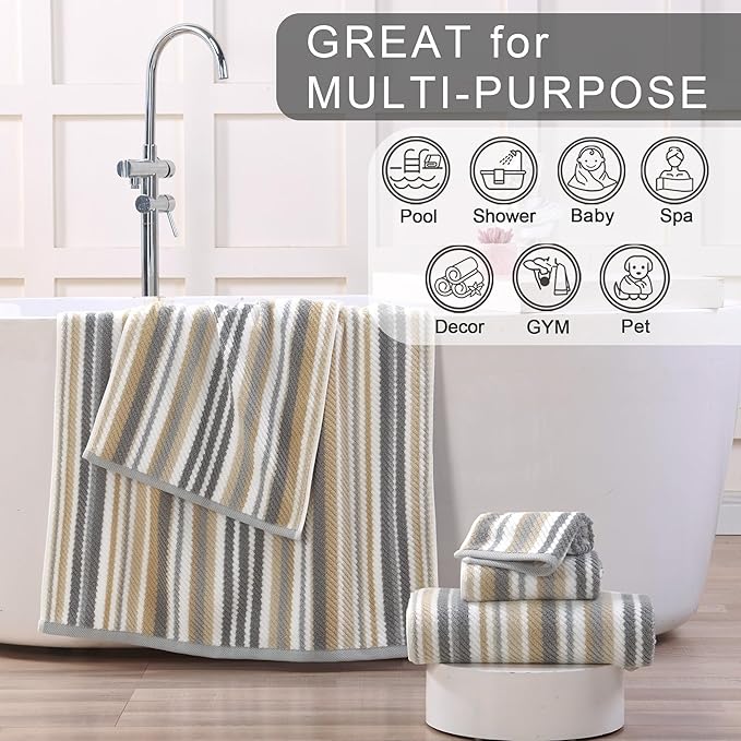 VOOVA & MOVAS Cotton Washcloths Set of 6, 6PC Striped Wash Cloths - 100% Cotton & Quick Dry - Lightweight Washcloth 13"x13", Soft Wash Cloths Set for Guest, Luxury Towel Gift, Gray + Beige