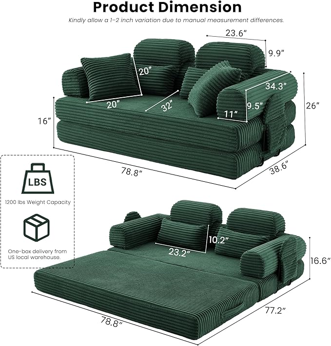 Convertible Sofa Bed,79'' Foldable Sleeper Lounge Modular Couch Comfort Compression Sofa Loveseat for Small Spaces Comfort for Apartment Bedroom (Corduroy Fabric, Dark Green1)