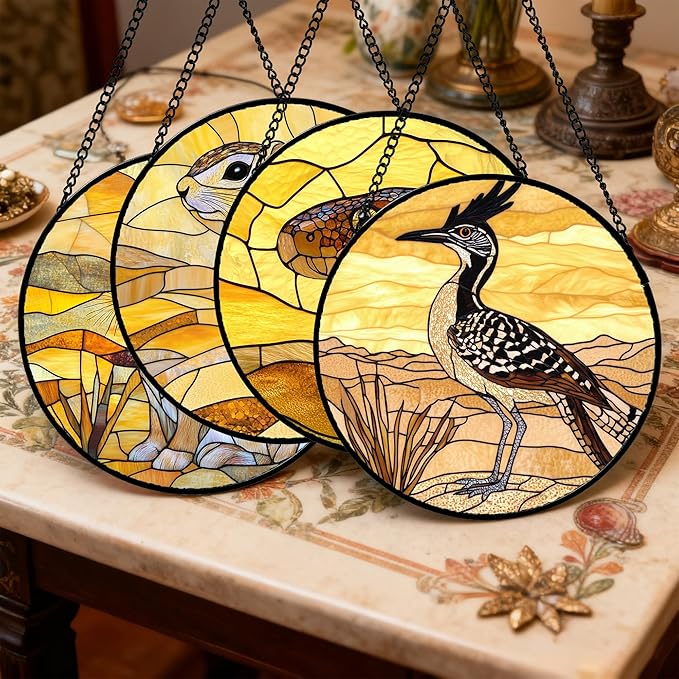 Stained Glass Window Hanging 4 Pcs Set Animals 7.8" - Desert Landscape Yellow Suncatcher Door Garden Sun Catcher Decor Birthday Christmas for Mom Woman Nana Men