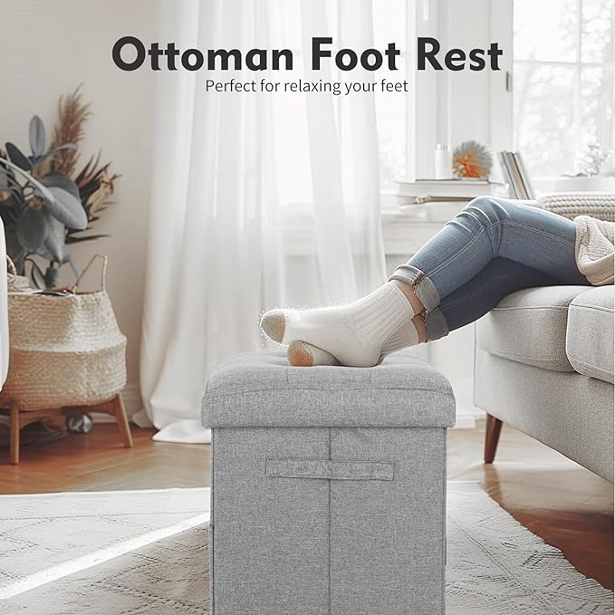 Folding Storage Ottoman, Linen Footstool Bench with Thicker Foam Padded Seat. Ottoman Foot Rest for Living Room, Bedroom, Home Office, Coffee Table. 350lbs Load Capacity, 17x13x13in, Light Gray