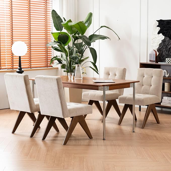 Rowill Modern Upholstered Dining Chairs Parsons Chair Linen Fabric Kitchen Chairs Tufted Armless Dining Room Chairs with Wood Legs Set of 4, Khaki