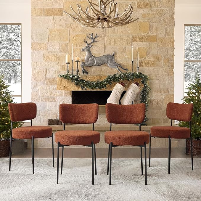Brown Boucle Dining Chairs Set of 2, Upholstered Dinner Chair with Metal Frame, Dining Room Chairs with Padded Seat, Round Modern Seating for Living Room