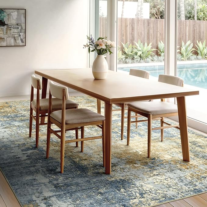 Area Rug Living Room Rugs - 9x12 Modern Abstract Soft Indoor Neutral Washable Rug Stain Resistant Non-Slip Low Pile Carpet for Bedroom Dining Room Home Office - Blue/Grey/Yellow