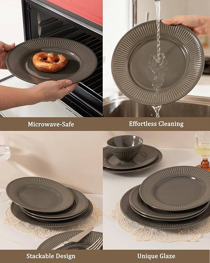 Dinnerware sets plates and bowls sets modern plates,Handmade Reactive Glaze Stoneware Plates and Bowls Sets,Highly Scratch Resistant Dishwasher & Microwave Safe Dishes Set (style - 2, 4 - Set (12pcs))