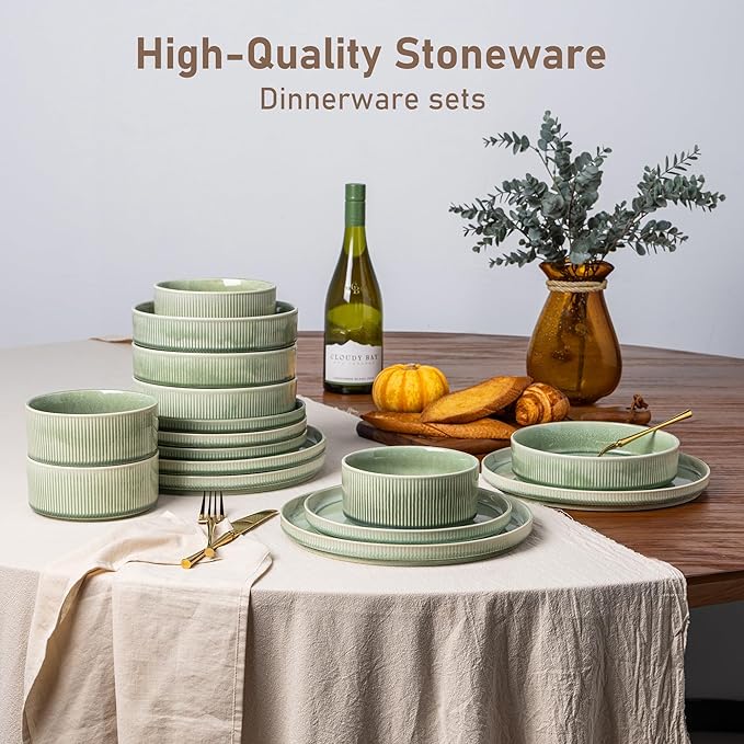 GBHOME Stoneware Dinnerware Sets for 8,Round Reactive Glaze Ceramic Plates and Bowls Set,Highly Scratch Resistant | Dishwasher & Microwave Safe Dishes Set,Service for 8(24pcs)，Light Green