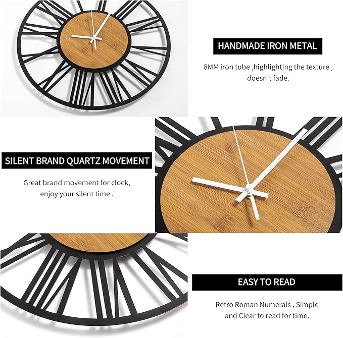 1st owned Wall Clocks for Living Room Decor,16" Vintage,Round Silent Non Ticking,Black Metal,Modern Wood Clocks for Home Bedroom,Kitchen,Garden,Office,Cafe,Modern Wall Decoration -Roman Numerals