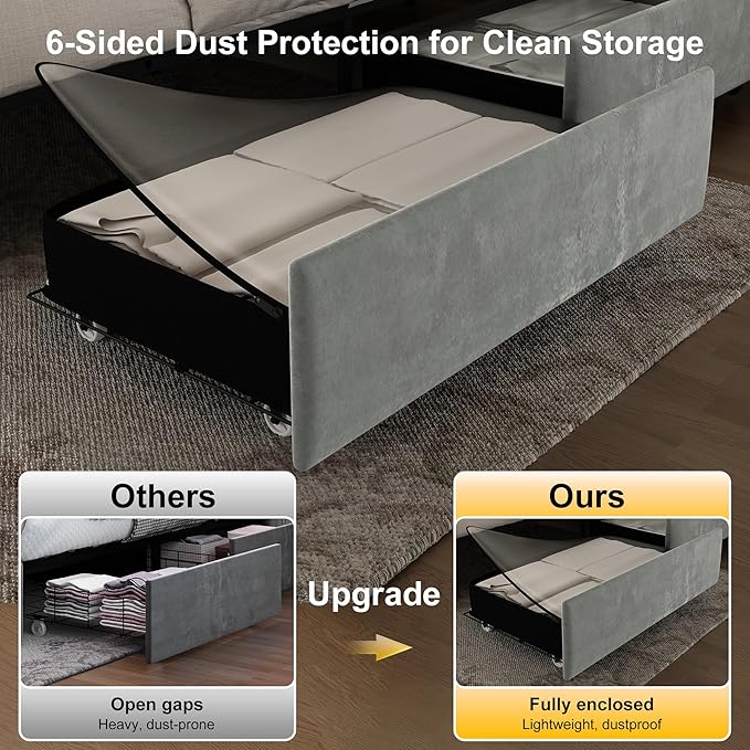 Queen Bed Frame with LED Lights, Storage Drawers, No Box Spring Needed, 900 lbs Capacity, Easy Assembly, Velvet Grey
