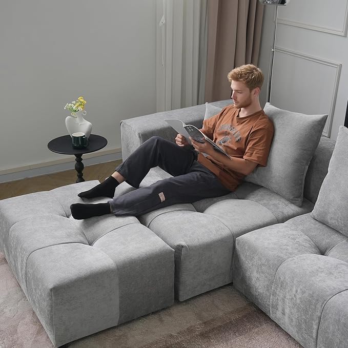 JACH 183.5 Inch U-Shaped Modular Sectional Sofas, Modern 4-Seater Couch with Chaise Ottomans, Mid Century Modern Sectional Couches, Cozy Sleeper Sofa for Living Room (Linen Fabric, Grey)